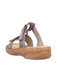 Grau Leder-Sandale mit strukturiertem Mittelsohlen, verstellbaren Riemen, offenem Rücken und gepolsterter Innensohle. Gummisohle mit Rutschfestigkeitsdetails.