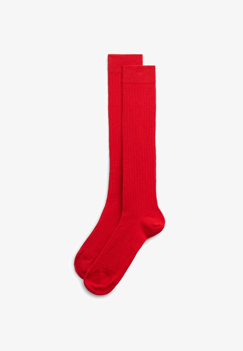 Rote knielange Socken mit gerippter Textur, aus weichem Material gefertigt, mit einem glatten Finish und nahtloser Zehenkonstruktion.