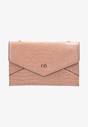 Rechthoekige roze clutch met krokodillenstructuur, envelopflap, zwarte randafwerking en klein metalen "nb" logo in het midden voorop.