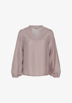 Ľahká blúzka s dlhým rukávom v svetloružovej farbe s vertikálnymi bordovými pruhmi. Výstrih do V, s nabradlenými manžetami a voľným strihom.