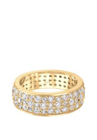 Gold-tone ring featuring a band encrusted with clear crystals, showcasing a textured surface with round cutouts along the inner band.