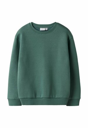 Sweatshirt unisexe à col rond, de couleur vert foncé uni, avec des manches longues et des bords côtelés, présenté sur fond blanc.