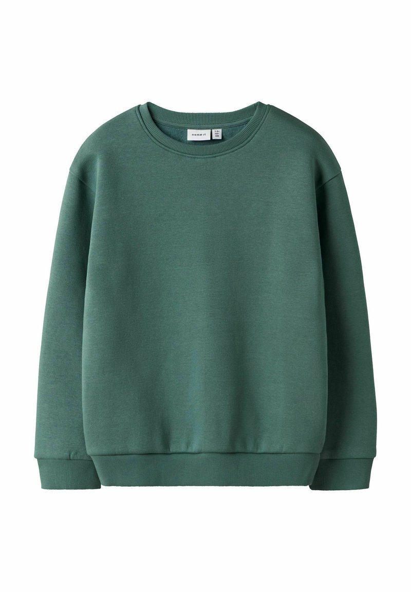 En enkel mörkgrön sweatshirt med rund halsringning, långa ärmar och ribbade muddar och nederkant, visad mot en vit bakgrund.