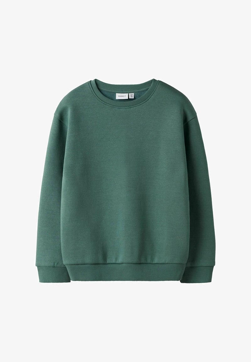 En ensfarget, mørkegrønn crewneck sweatshirt med lange ermer og ribbede mansjetter og kant, vist mot hvit bakgrunn.