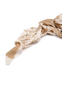 Sciarpa beige e crema con motivo, realizzata in tessuto morbido, caratterizzata da un design astratto con estremità frangiate, elegantemente drappeggiata.