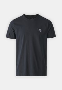 Schwarzes Baumwoll-T-Shirt mit kurzen Ärmeln und Rundhalsausschnitt. Verfügt über ein kleines gesticktes Design auf der linken Brust. Glatter Stoff.