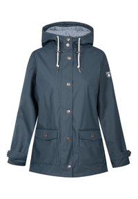 Wasserabweisende marineblaue Jacke mit Kapuze, Knopfverschlüssen und gestreiftem Innenfutter. Verfügt über zwei Fronttaschen mit Klappen.