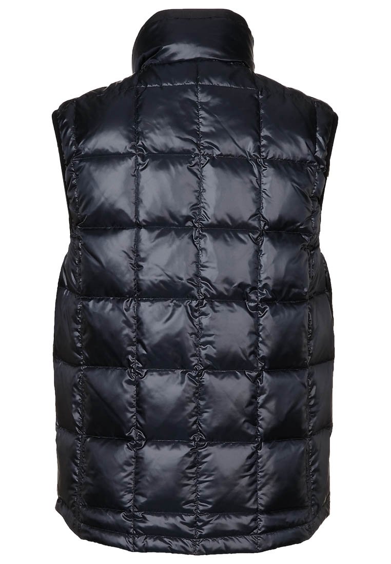 Námořnická puffer vesta s vysokým límcem, prošívaným designem a lesklou texturou. Bez rukávů; má čtvercový prošívaný vzor pro izolaci.
