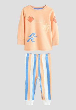 Peach long-sleeve sweatshirt with graphic sun, palm, wave designs; matching striped pants in orange, blue, and white with ribbed cuffs.