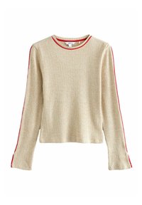Beżowy, prążkowany top z długim rękawem z okrągłym, czerwonym dekoltem i kontrastującymi czerwonymi paskami wzdłuż rękawów. Miękki materiał o luźnym kroju.
