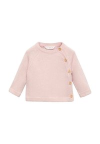 Světle růžový pletený top dlouhého rukávu s kulatým výstřihem, s diagonálním zapínáním na knoflíky a jemným texturovaným vzorem po celé ploše.