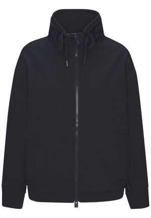 Schwarze Jacke mit Reißverschluss, hohem Kragen und verstellbaren Kordelzügen, mit Seitentaschen und langen Ärmeln.