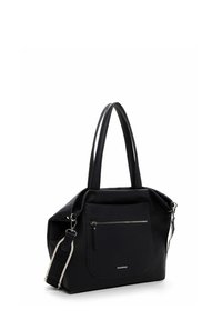 Black leather tote bag with two top handles, a zippered front pocket, and a detachable shoulder strap. Textured surface and minimal branding.