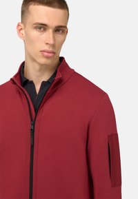 Rote Zip-Jacke mit hohem Kragen, schlanker Schnitt, glatte Textur, seitliche Tasche und schwarzes Polohemd darunter.