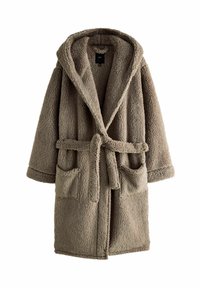 Accappatoio marrone, morbido e voluminoso, con cappuccio, maniche lunghe, cintura anteriore e due tasche. Realizzato in un morbido tessuto testurizzato.