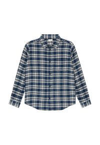 Langarm geruite shirt met een patroon van marineblauw, wit en lichtblauw; knoopsluiting aan de voorkant; klassieke kraag; één borstzak; van katoen.