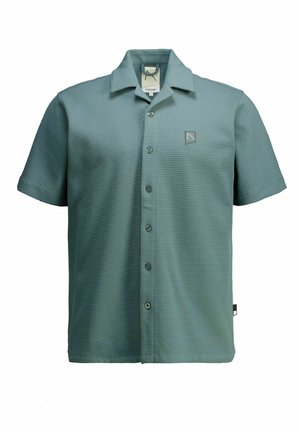 Herren-T-Shirt mit kurzen Ärmeln in Türkis, strukturiertem Stoff, mit Knöpfen, Kragen und kleinem Logo-Patch auf der linken Brust.