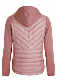 Rosa hættejakke med ternet design, ribbede ærmer og chevronmønster på ryggen. Blød tekstur i hele stoffet.