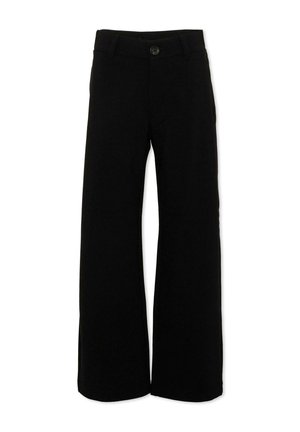 Pantalon noir à jambes larges avec fermeture bouton et zip, passants de ceinture et sans poches visibles, présenté sur fond blanc.