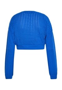 Gekürzter blauer Pullover mit geripptem Textur, langen Ärmeln und einem engen Saum. Das Material erscheint weich und leicht mit einem konsistenten Muster.
