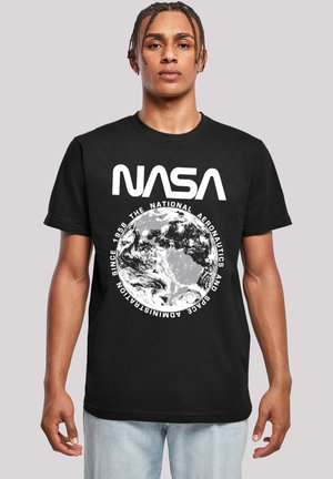 Black cotton t-shirt featuring a large white NASA logo and globe graphic with text around it, crew neck, short sleeves, and a standard fit.
