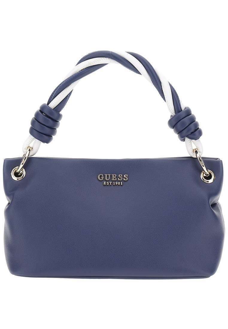 Borsa a tracolla in finta pelle blu navy con manico attorcigliato bianco e blu, hardware argentato e logo impresso. Presenta un design morbido e arrotondato.