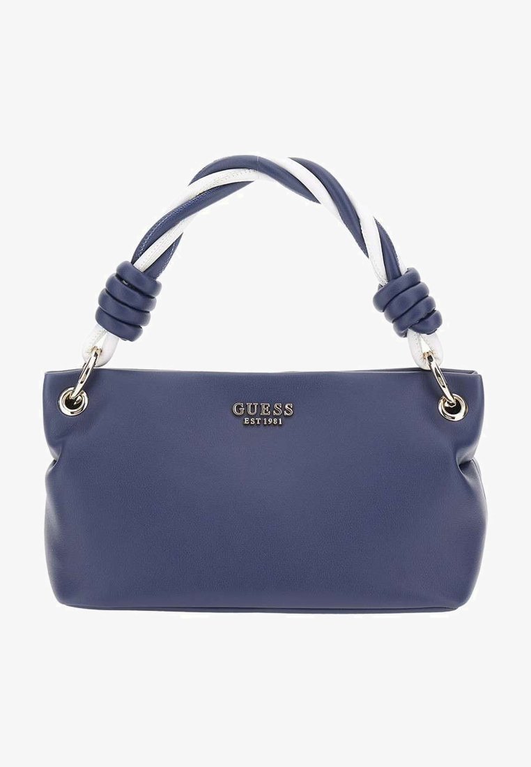 Borsa a tracolla in finta pelle blu navy con manico attorcigliato bianco e blu, hardware argentato e logo impresso. Presenta un design morbido e arrotondato.