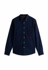 Marineblauw overhemd met lange mouwen en knopen; van katoen; voorzak; voorzien van een rood geborduurd logo aan de linkerkant.