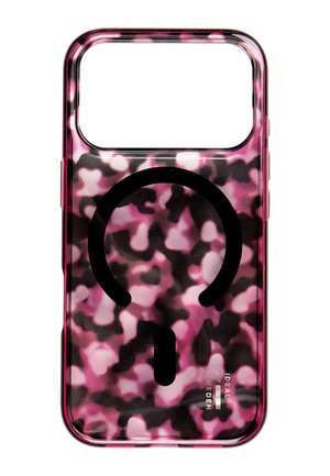 Telefonskal med pink og sort camouflage mønster og et stort sort cirkulært design på bagsiden, udskæringer til kamera og knapper synlige.