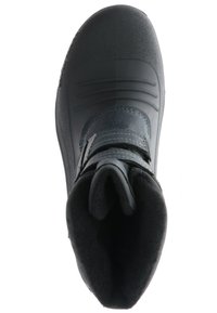 Schwarzer wasserdichter Stiefel mit einer strukturierten Oberfläche, ausgestattet mit einem Klettverschluss und einem gepolsterten Innenfutter für Komfort und Isolierung.