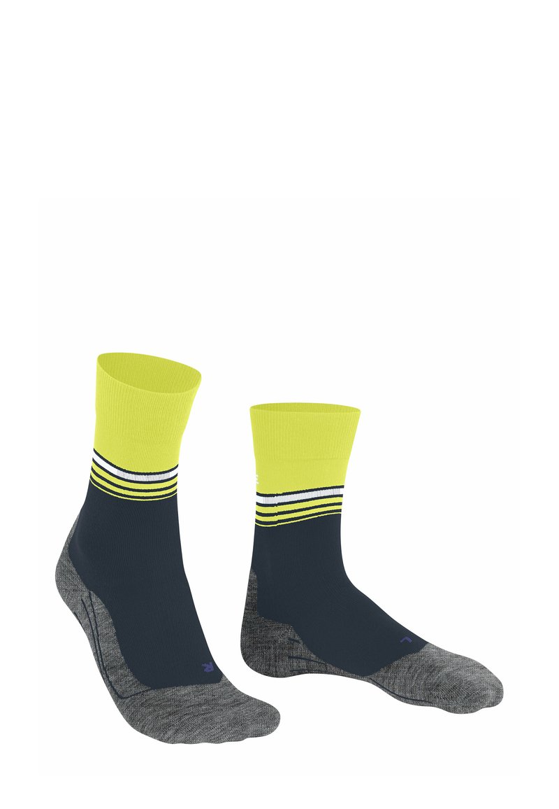 Ciemnoniebieskie i szare skarpetki sportowe z jasnółkłdawym prążkowanym ściągaczem i białymi paskami, prezentujące sportowy design odpowiedni do aktywnego użytkowania.