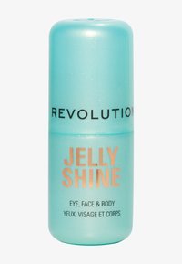 En turkos cylindrisk behållare med metallisk finish, märkt "JELLY SHINE," med svart text och en glittrande yta.