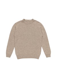 Pull en laine beige à manches longues avec col rond côtelé, poignets et ourlet, étalé à plat sur un fond blanc.