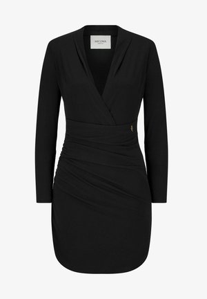 Sort kjole med lange ærmer, dyb V-hals, sammensamlet detalje i siden og sidelæbe. Blødt, strækbart stof med en glat overflade.
