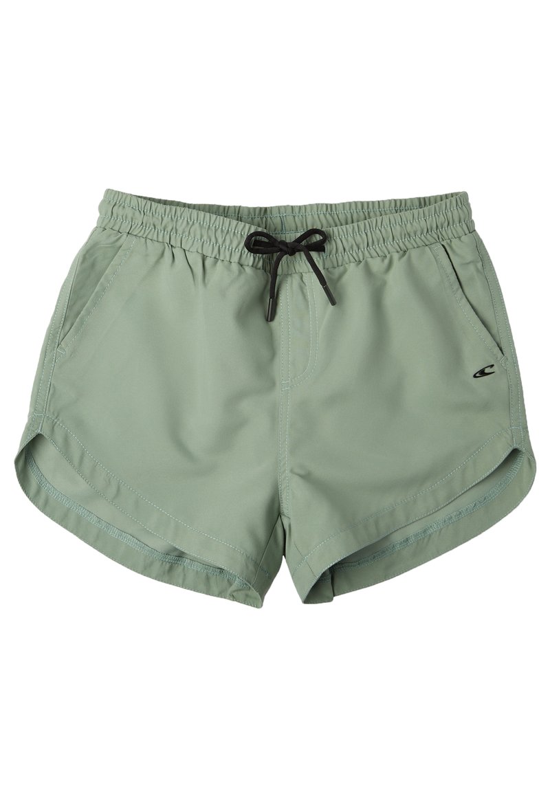 Shorts verts en tissu léger, dotés d'une taille élastique avec un cordon de serrage noir, de poches latérales et d'un ourlet arrondi.