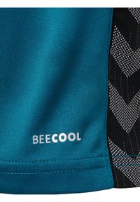 Sporttyg i teal med en slät yta, med tryckta svartvita geometriska mönster på ena sidan och "BECOOL"-logotyp i silver.