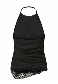 Melns haltera topiņš ar ribotu tekstūru, apakšējā malā izšūts ar mežģīņu apdari. Vienkāršs dizains ar regulējamām kakla siksniņām.