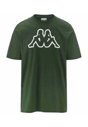 Maglietta a maniche corte verde scuro con una grafica bianca di due silhouette umane sedute schiena contro schiena sul petto.