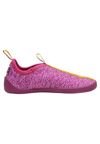 Slip-on shoes made of textured pink and white fabric with a yellow accent along the top. Features a pull tab at the heel for easy wear.