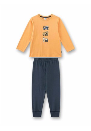 Maglietta arancione a maniche lunghe con tre icone di mezzi da costruzione abbinata a pantaloni blu scuro con vita elastica, completo bimbo in due pezzi.
