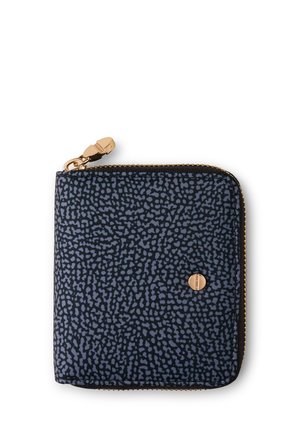 Portefeuille zippé compact en navy avec un motif abstrait bleu clair, des accents de matériel en or et une finition texturée. Fermeture éclair sur le bord.