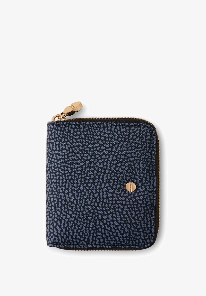 Kompakte Reißverschlussbörse in Marineblau mit abstraktem, hellblauem Muster, goldenen Hardware-Details und einer strukturierten Oberfläche. Reißverschluss entlang der Kante.