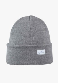 Gray knitted beanie hat with a rolled cuff, featuring a small white label with blue text on the front, made from soft textured material.
