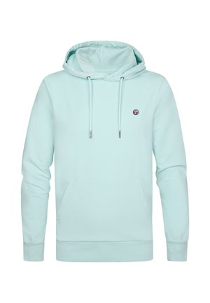 Hellblauer Kapuzenpullover mit Fronttasche, Kordelzug und kleinem rundem Logo auf der linken Brust.