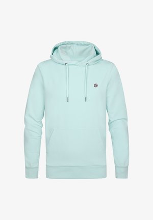 Hellblauer Kapuzenpullover mit Fronttasche, Kordelzug und kleinem rundem Logo auf der linken Brust.