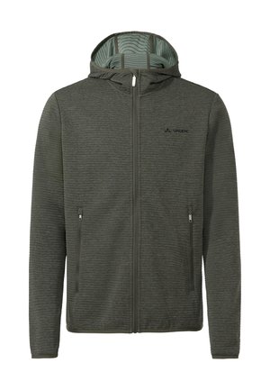Herren-Olivgrüner Kapuzenpullover mit Reißverschluss, strukturierter Stoff, zwei Reißverschlusstaschen und kleinem Logo auf der linken Brust.