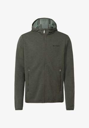 Sweat à capuche zippé pour homme en vert olive avec tissu texturé, deux poches zippées et un petit logo sur le côté gauche de la poitrine.