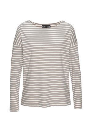 Beige-weiß gestreiftes Langarmshirt mit Boot-Ausschnitt und ELBSAND-Label am Rückenkraus.