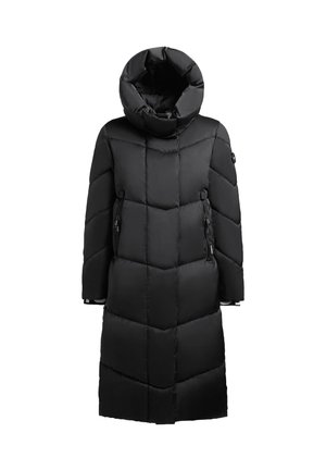 Černý péřový kabát s vysokou zaoblenou kapucí. Obdélníkový prošívaný design, dvě boční kapsy na zip a elegantní, voděodolný povrch.