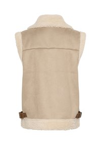 Beige mouwloze vest met een zachte nepbont kraag en afwerking. Glad exterieur met een achterzak en gespsaccenten aan de zijkanten.